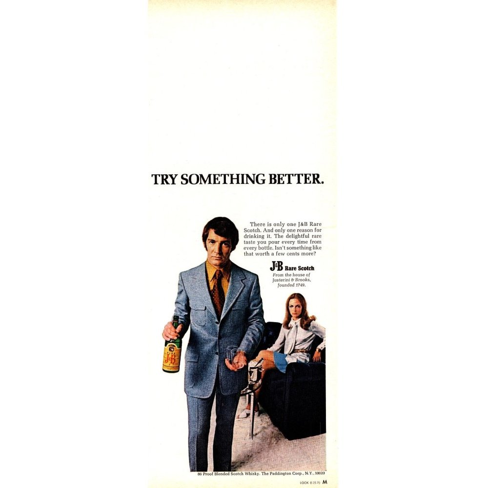 1970 J&B Scotch Vintage Print Ad Couple Blue Suit Skirt Brunette Couch Wall Art